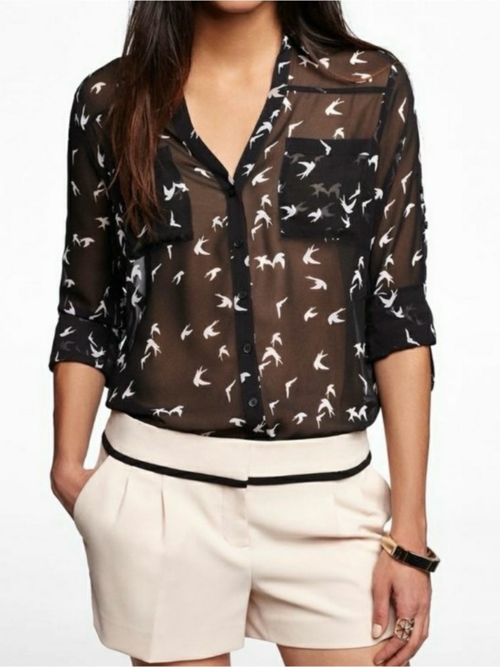 Express Sheer Portofino Shirt ~ Black with Bird Print & Convertible Sleeves